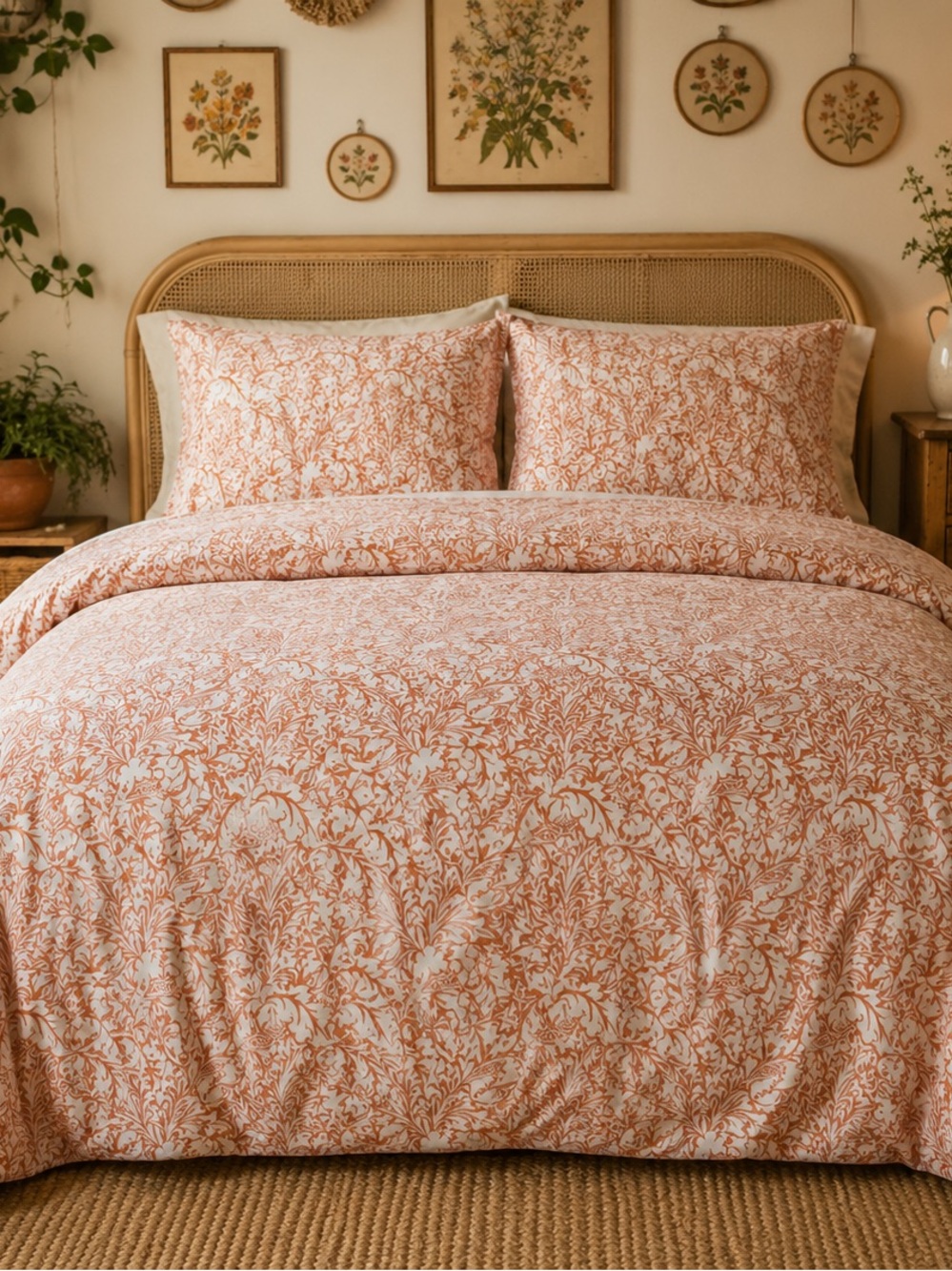 Cottagecore Queen Duvet Cover Set Coral White Floral Button Closure 2 Shams NWOT